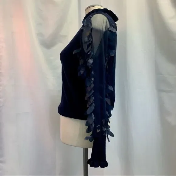 WILD Flower navy Leaf Mesh Sleeves Jumper Sz XS - Picture 5 of 12
